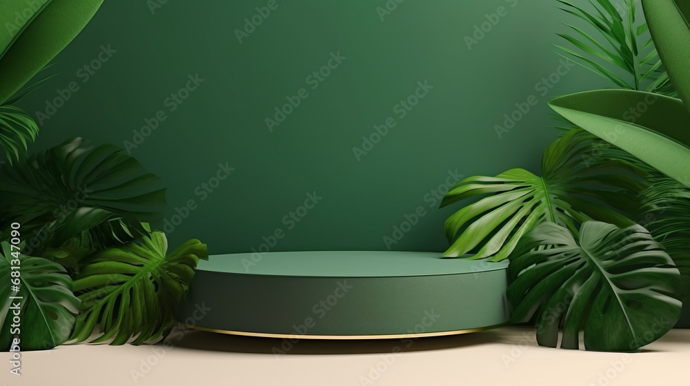 Podium with a leaf background, cosmetic beauty mockup display stand for product presentation Nature and organic cosmetics and food presentation themes Natural product present placement display Podium with a leaf background, cosmetic beauty mockup display stand for product presentation Nature and organic cosmetics and food presentation themes Natural product present placement display