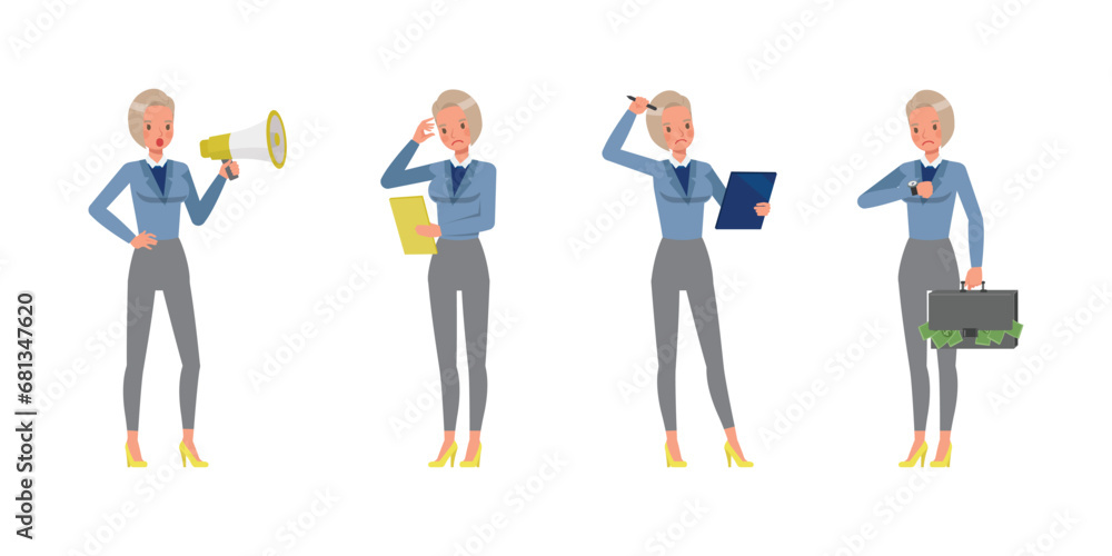Set of working woman wear blue suit character vector design. Presentation in various action. Businesswoman working in office planning, thinking and economic analysis on isolated white background. Set of working woman wear blue suit character vector design. Presentation in various action. Businesswoman working in office planning, thinking and economic analysis on isolated white background.
