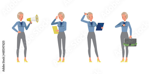 Set of working woman wear blue suit character vector design. Presentation in various action. Businesswoman working in office planning, thinking and economic analysis on isolated white background.