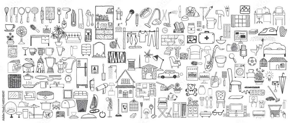 Hand drawn home appliances doodle set background. Hand Drawn vector illustration. big set vector doodle home buildings, appliances, tools, object, isolated on white background
