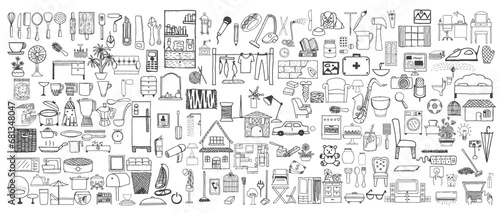 Hand drawn home appliances doodle set background. Hand Drawn vector illustration. big set vector doodle home buildings, appliances, tools, object, isolated on white background
 photo