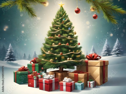 Illustrate a 3D Christmas poster with a realistic Christmas tree and presents.