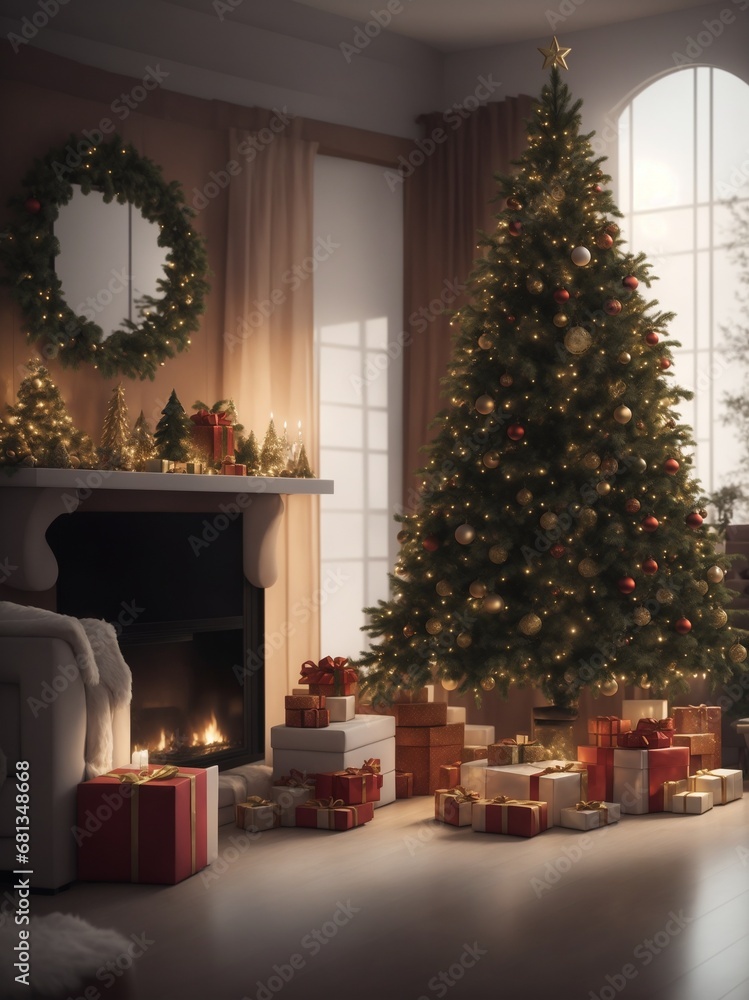 dining room decorated with Christmas tree with gifts dining room decorated with Christmas tree with gifts