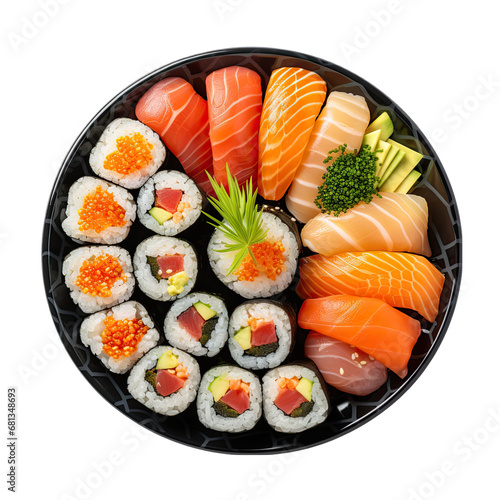 Top view of sushi rolls assortment on a plate Isolated on Transparent or White Background, PNG