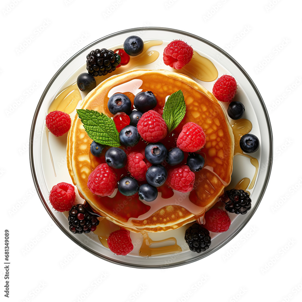 Top View of Pancakes with Syrup and Berries on a Plate Isolated on Transparent or White Background, PNG Top View of Pancakes with Syrup and Berries on a Plate Isolated on Transparent or White Background, PNG