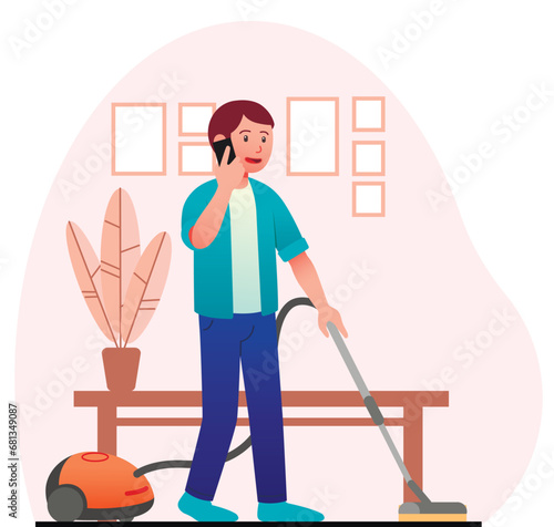 Man vacuums concept for home
