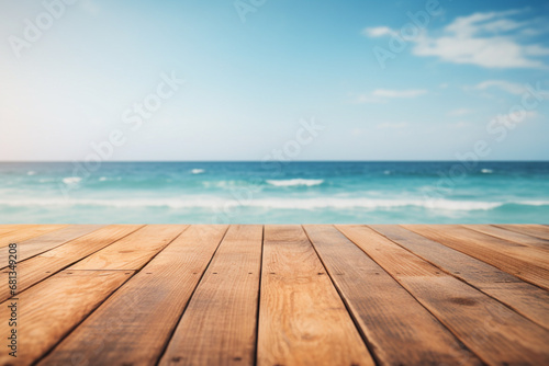 beach with palm trees and sea wooden blurred background