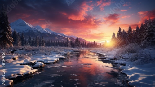 Serene winter sunrise over frozen forest and tranquil water reflection.