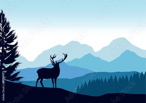 Deer in nature mountains. Vector illustration.