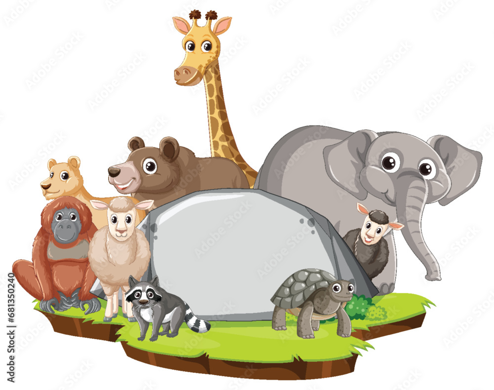 Naklejka premium Wild Animals Gather Around Empty Stone Banner