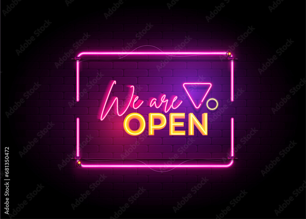 Obraz premium we are open neon sign text effect social media post concept design with light glowing background
