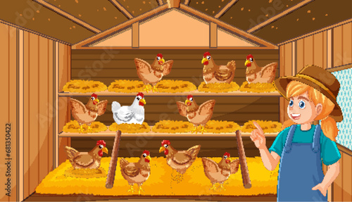 Joyful Farm Girl in Chicken House