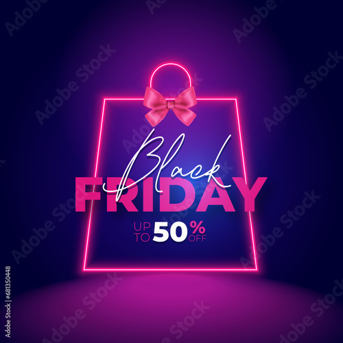Black Friday sales special discount promotion banner concept with Neon glowing modern realistic 3d shopping bag gradient template design abstract vector banner