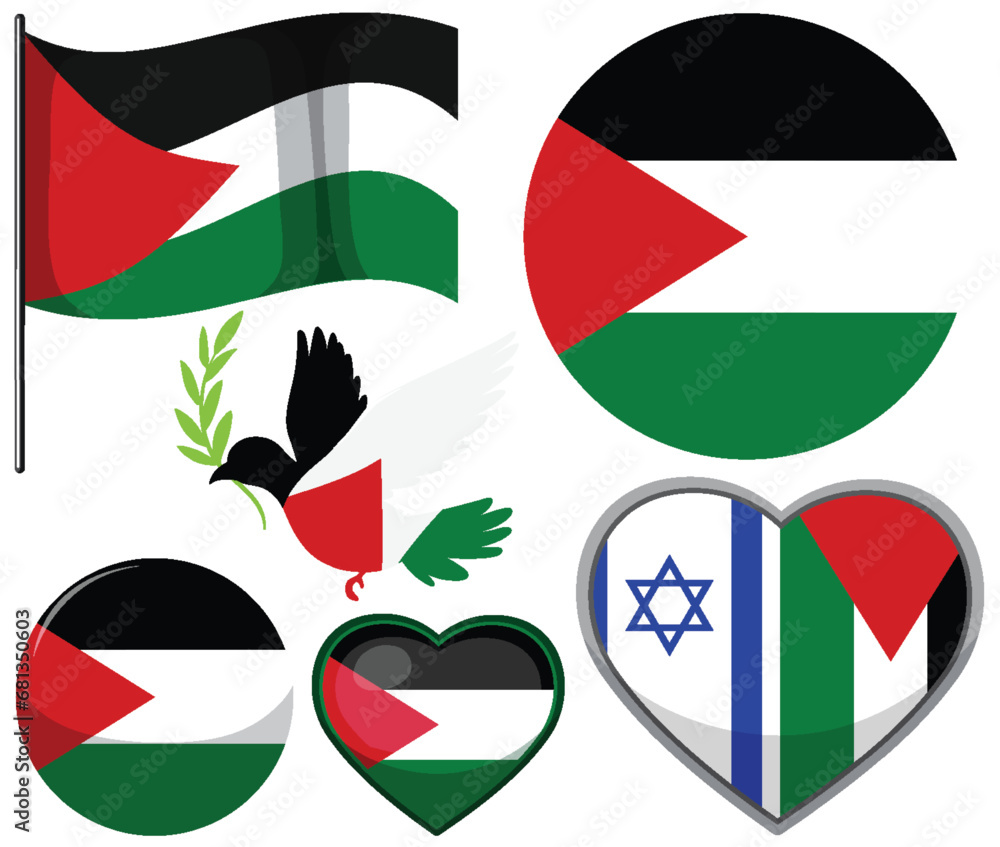 Isolated Set of Palestine Flag Cartoon Illustration Isolated Set of Palestine Flag Cartoon Illustration