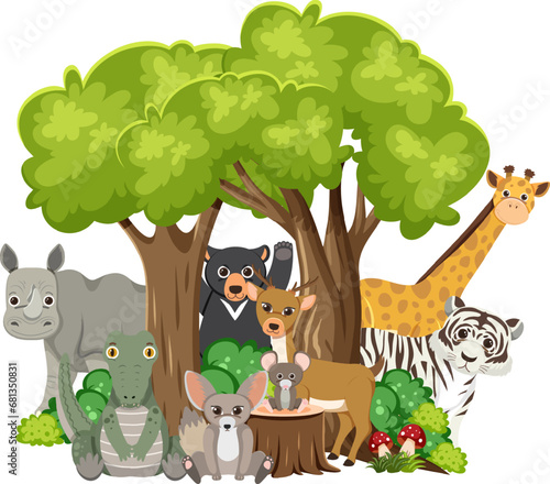 Diverse Wildlife Gathering Under the Tree