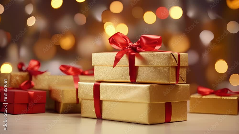 A bundle of gift boxes wrapped in a luxury metallic gold paper. The texture is smooth with a subtle shimmer, and each box is tied with a thick velvet red ribbon and a large, satin bow. A bundle of gift boxes wrapped in a luxury metallic gold paper. The texture is smooth with a subtle shimmer, and each box is tied with a thick velvet red ribbon and a large, satin bow.
