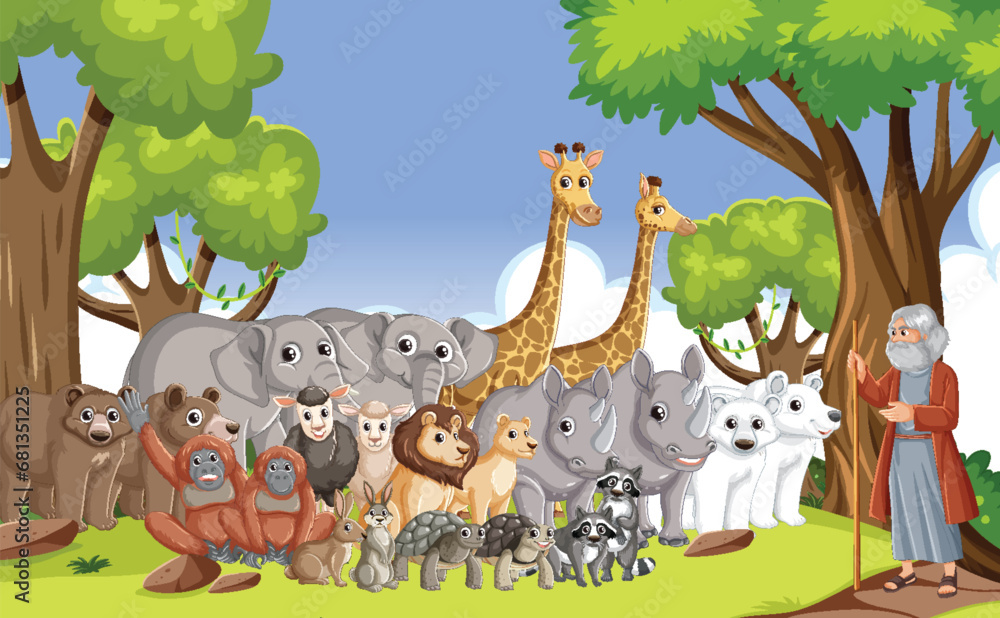 Obraz premium Wild Animal Cartoon and Noah's Bible Story