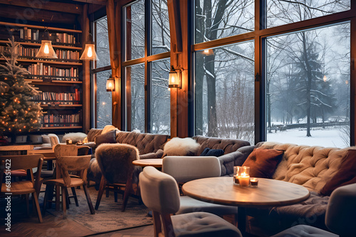 Cozy winter cafe interior with beautiful view photo