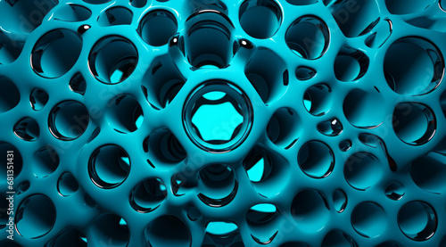 An intricate pattern of holes with a warm glow forms a mesmerising blue background.
