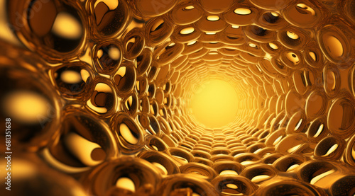A mesmerising golden tunnel formed by an intricate pattern of holes with a warm glow.