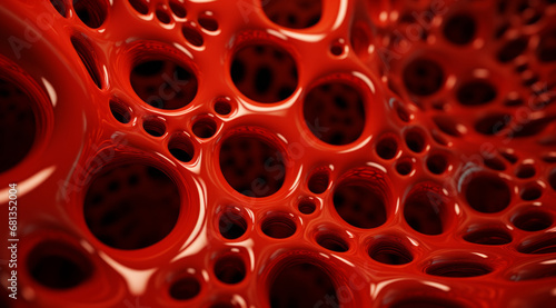 A deep red, hive cell-like structure with holes creates an organic, interconnected pattern.