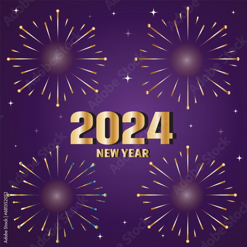HAPPY NEW YEAR 2024, New Year's Eve Party background greeting card - Sparklers and bokeh lights, on dark blue night sky
