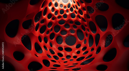 A deep red, hive cell-like structure with holes creates an organic, interconnected pattern.