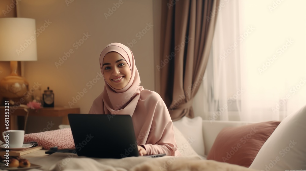Happy young muslim woman sit on bed with computer laptop and coffee cup on folding laptop table, portable holder stand hold paperwork video online meeting in bedroom at home Happy young muslim woman sit on bed with computer laptop and coffee cup on folding laptop table, portable holder stand hold paperwork video online meeting in bedroom at home