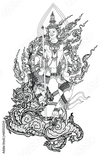 Tattoo art men angels thai riding the literary tiger hand drawing and sketch