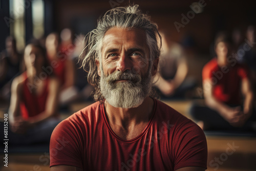 Spiritualized, inspired senior male yogi trainer practicing meditation with a group of people in gym photo
