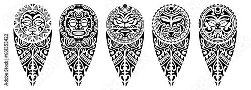 Set of tattoo sketch maori style for leg or shoulder with sun symbols face. Black and white.
