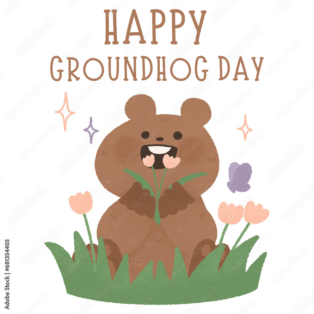 Happy Groundhog Day lettering text with flower border cute animal Watercolor 2 February sublimation for t-shirt printable postcard print greetings card banner poster Happy Groundhog Day lettering text with flower border cute animal Watercolor 2 February sublimation for t-shirt printable postcard print greetings card banner poster