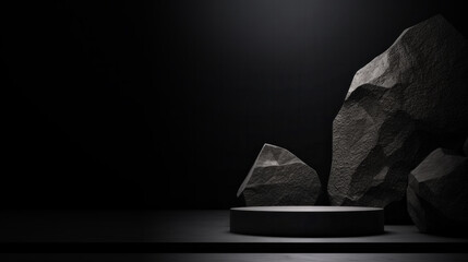 Black, dark and gray geometric Stone and Rock shape background, minimalist mockup for podium display showcase, studio room, Platform illuminated by spotlights, interior texture for display products