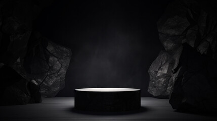 Black, dark and gray geometric Stone and Rock shape background, minimalist mockup for podium display showcase, studio room, Platform illuminated by spotlights, interior texture for display products