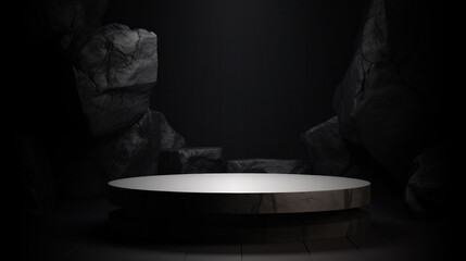 Black, dark and gray geometric Stone and Rock shape background, minimalist mockup for podium display showcase, studio room, Platform illuminated by spotlights, interior texture for display products