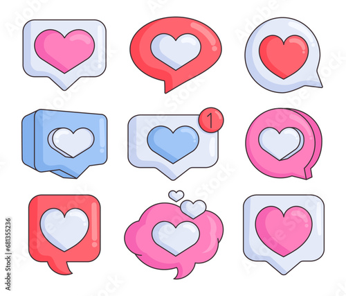 Heart in speach bubble. Love like social media notification. St Valentines day. Hand drawn style. Vector drawing. Collection of design elements.