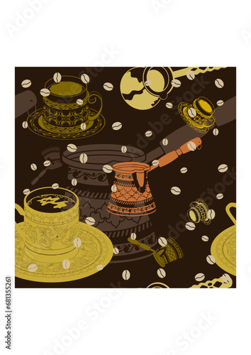Editable Flat Monochrome Turkish Coffee Vector Illustration and Coffee Beans Silhouette as Seamless Pattern With Dark Background for Cafe or Coffee Industry and Ottoman Turkish Culture Design