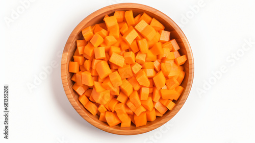 Top view of diced vegetable in a wooden bowl