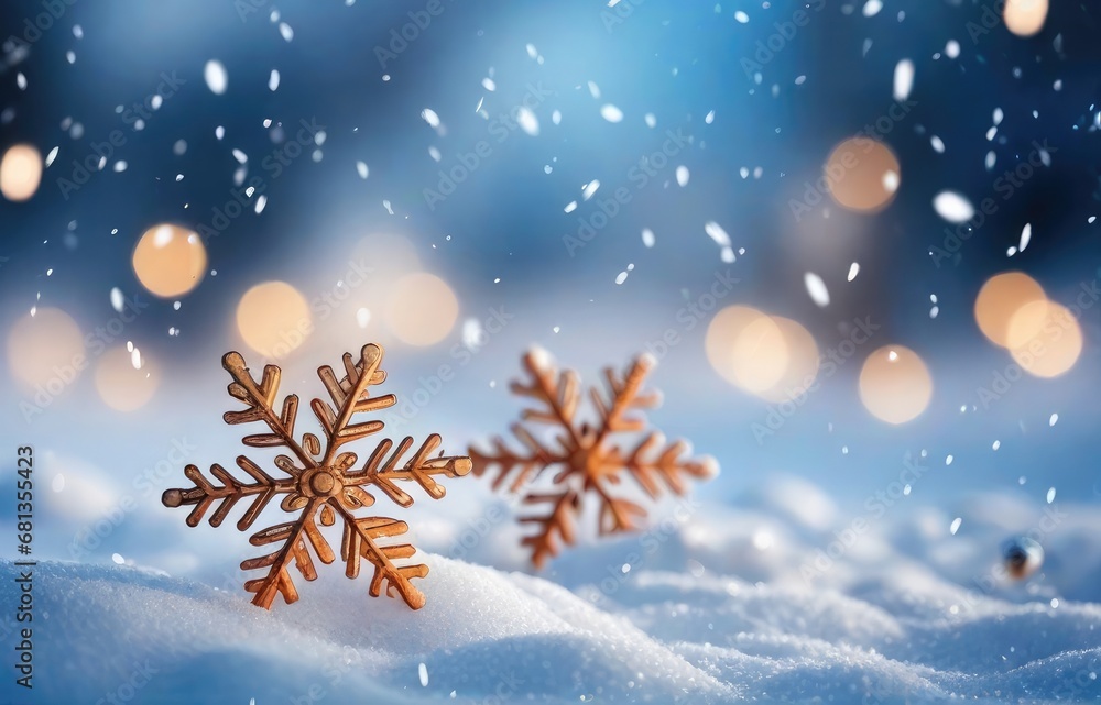Beautiful decorative snowflakes in the snow against a blue natural background with falling snow and bokeh. Christmas winter background for design Beautiful decorative snowflakes in the snow against a blue natural background with falling snow and bokeh. Christmas winter background for design