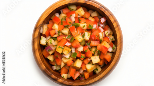 Top view of diced vegetable in a wooden bowl