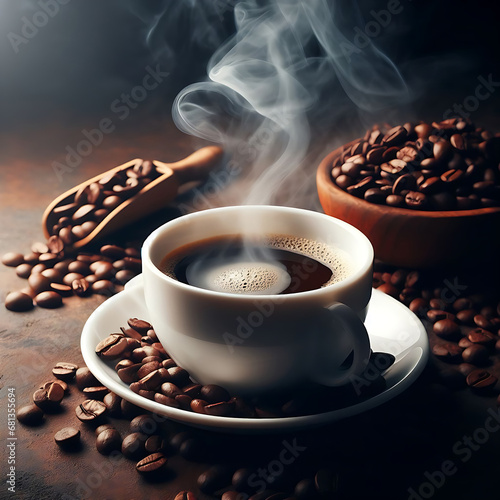 Coffee cup with Coffee beans Background image  Ai image