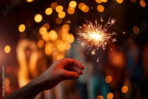 close up of person hands with sparkler burning bangel agianst bookeh lights new year celebration background