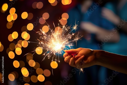 close up of person hands with sparkler burning bangel agianst bookeh lights new year celebration background photo