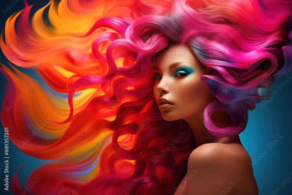 Gorgeous woman with rainbow colored hairs looking at camera, creative illustration