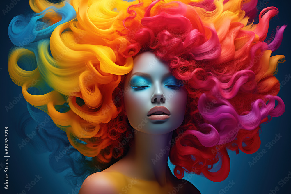 Gorgeous woman with colorful makeup and long flowing hairs, eyes closed, creative illustration
