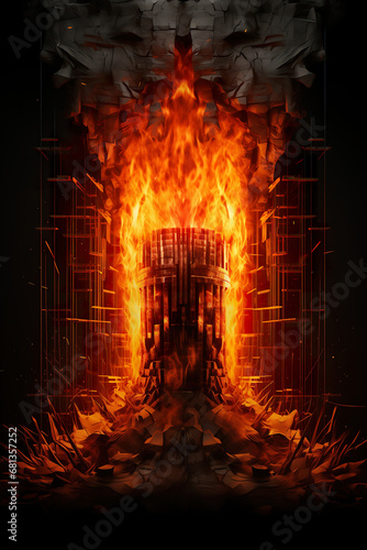 An abstract vertical backdrop. Burning, fractal elements, reflection and mirroring. Dark fantasy poster