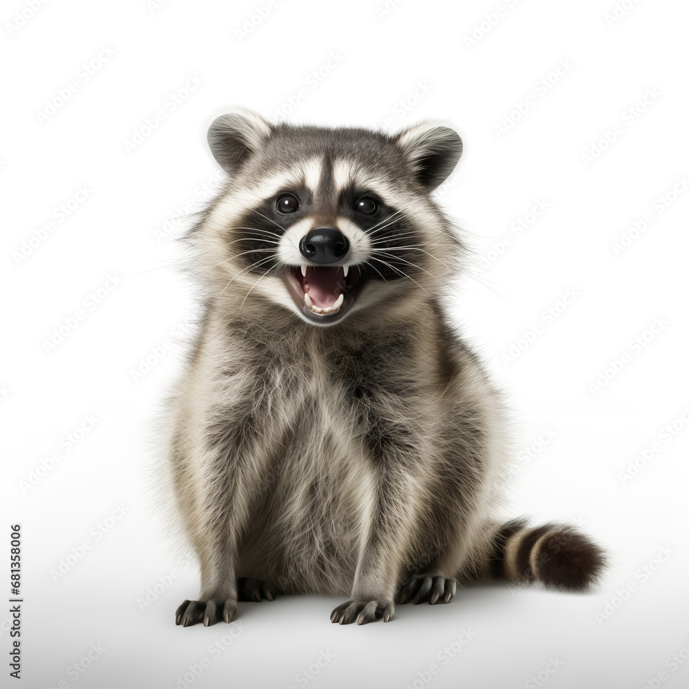 Cute smiling racoon isolated on white background