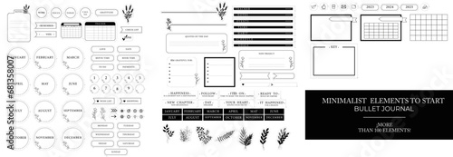 Elementos minimalistas blanco y negro para planner, bullet journal, agenda diaria, agenda perpetua, calendario 2024