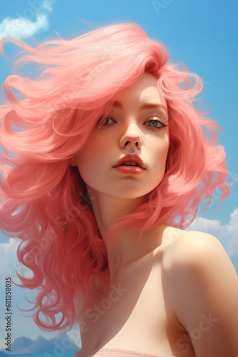 Cute and sensual young woman with flowing pink hairs looking at camera, artistic summer portrait