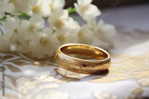 Elegant gold wedding band on lace, symbolizing romance and commitment, ideal for wedding and jewelry themes.
